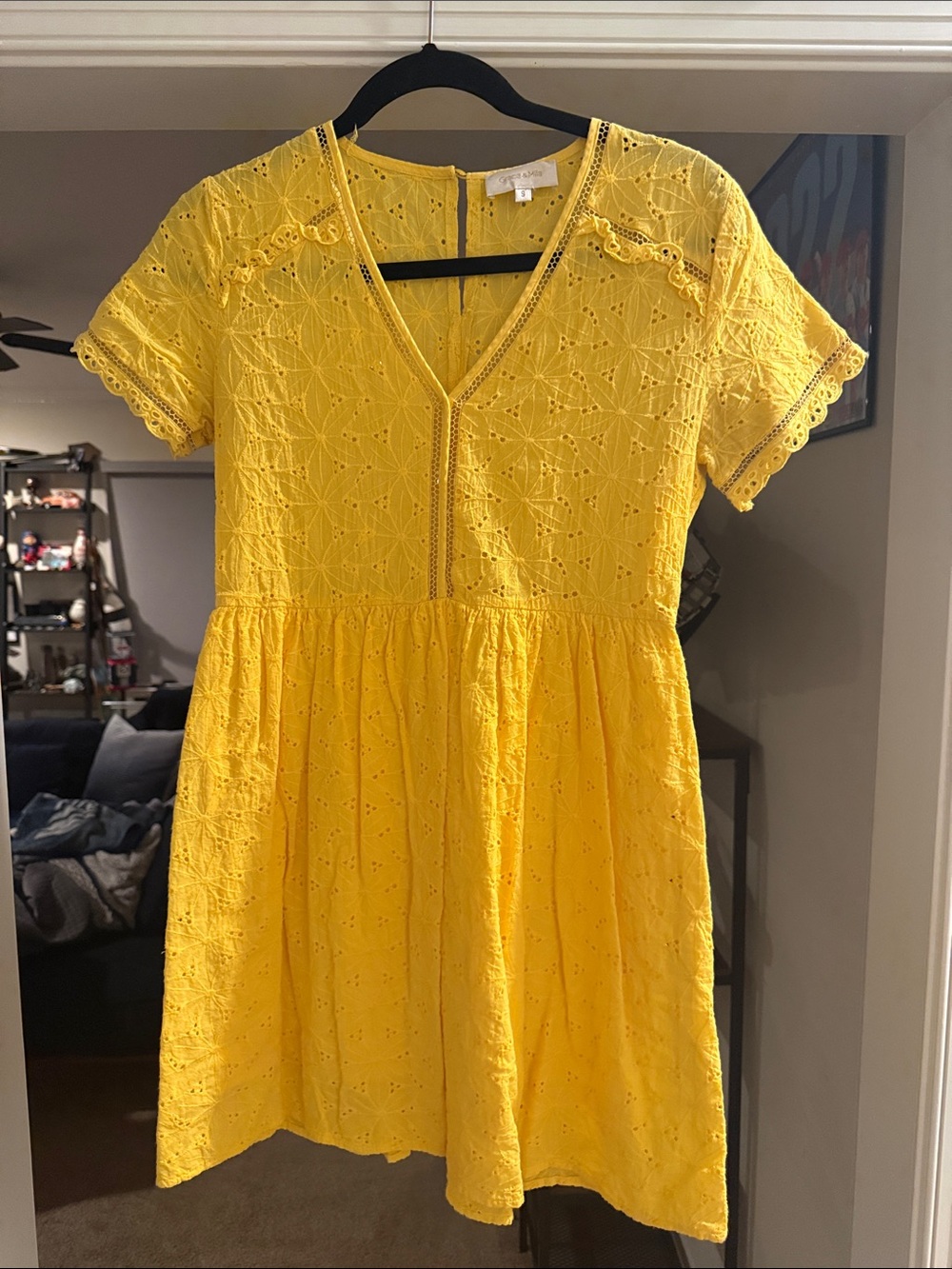 Yellow Eyelet V-Neck Casual Dress by (unbranded)